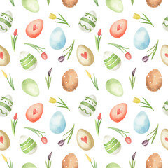 Watercolor hand-drawn pattern. Easter. Spring holidays. Painted eggs and flowers.