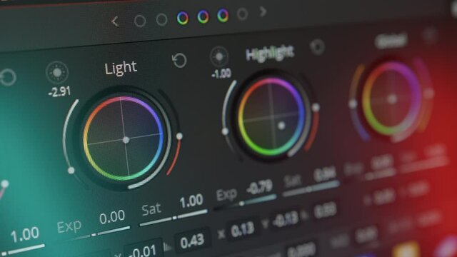 Close-up of color grading. Postproduction of video or photo. Professional photo and video editing software. Ring of light. DaVinci Resolve