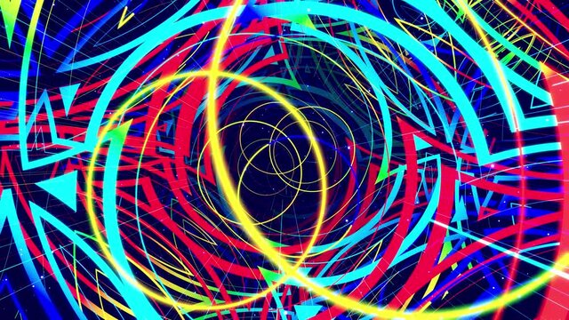 Modern motion design vj loop bg flying through the art space from glowing circles lines with neon light and rainbow gradient color. looped beautiful creative background vivid colors. Motion graphic