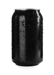 Black can of energy drink with water drops isolated on white. Mockup for design