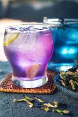 blue and purple tea from butterfly pea flower in the glass