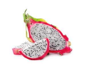 Delicious cut pitahaya fruit on white background