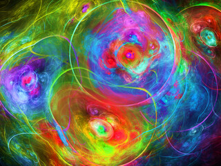 Creación de arte digital abstracto compuesto de elementos elípticos y circulares en colores difuminados translúcidos que parecen ser unas células energéticas autoreplicables.
