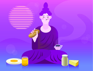 Flat style illustration of cartoon Buddha sitting in lotus pose and having breakfast on the 1980 retro cyberpunk purple and blue background, cup of coffee, bread, eggs and cheese. Videogame meditation