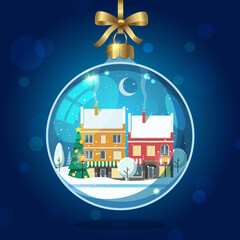 Christmas snow glass globe with houses, Christmas tree, and falling snow.
Vector illustration
