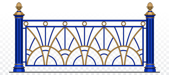 Vector Classic Iron Railing With Metal Pillars. Art Deco. Blue Handrails With Gold Decor. Balcony. Terrace. Urban Design. Luxury Modern Architecture. Palace. Wrought Iron Fence. Blacksmith. Template.