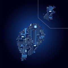 Contour map of Sao Tome and Principe with a technological electronics circuit.