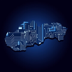 Contour map of Slovakia with a technological electronics circuit.