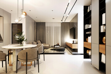 3d render home living room and dining space