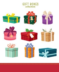 Colorful Christmas gift boxes collection of different shapes with bows isolated on white background.  
Vector illustration.