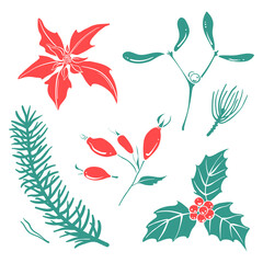 Set of hand drawn Christmas symbols isolated on white background. Christmas design icons. Vector illustration