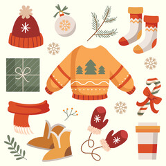 Winter set with warm, cozy symbols. Christmas gifts and clothes, knitted sweater, hat, scarf, socks. A glass of warm drink and Christmas tree decoration.
Good for greeting card design, Xmas sticker ki