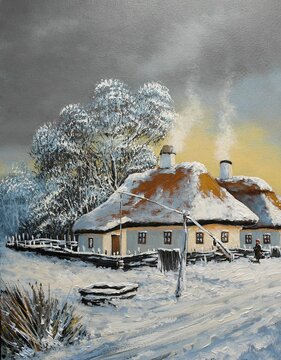Oil paintings rural landscape, old village, winter landscape with a house