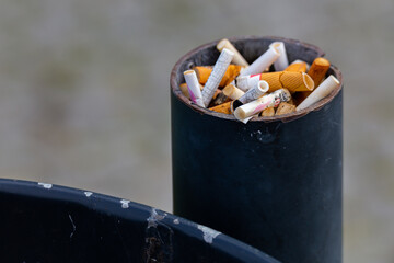 Lots of cigarette stubs crammed into the trash can post. The main subject stands out against a...