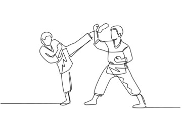 Obraz premium Continuous one line drawing two karate men fighters ready to fight. Professional karate sport fighters standing fighting practicing karate together. Single line draw design vector graphic illustration