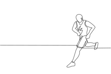 Single continuous line drawing muscular adult man running or jogging. Workout exercise. Marathon athlete doing sprint outdoor. Sportive man. Sport, training, run. One line draw graphic design vector