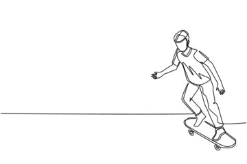 Fototapeta premium Single one line drawing young man riding skateboard. Stylish male skater in casual outfit. Guy moves around city, outdoor activities, enjoy hobbies. Continuous line draw design vector illustration
