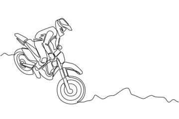 Continuous one line drawing young motocross rider ride motocross bike. Motocross motorcycle competition. Enduro, freestyle motocross extreme sport. Single line draw design vector graphic illustration - obrazy, fototapety, plakaty