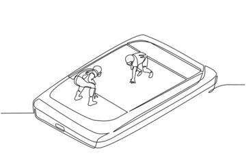 Single continuous line drawing american football field with two players on smartphone screen. Professional sports competition: american football game, mobile app. One line draw graphic design vector