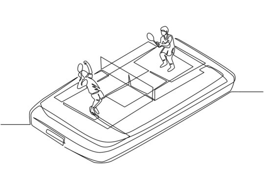 Single one line drawing tennis court with two players on smartphone screen. Professional sports competition: tennis players during match, mobile app. Modern continuous line draw design graphic vector