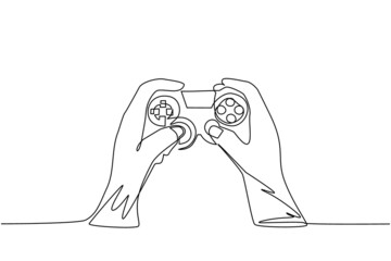 Single continuous line drawing young man hands holding video game console. Gamer holding in hand gamepad. Man playing video game. Leisure time at home. One line draw graphic design vector illustration - obrazy, fototapety, plakaty