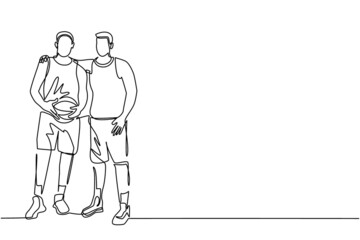 Fototapeta na wymiar Continuous one line drawing two basketball players embrace each other. Two friendly man together after match finished. Male basketball players celebrating game with hug. Single line draw design vector