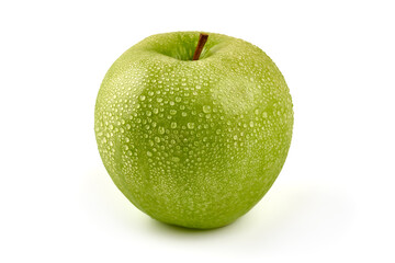 Granny smith apple with water drops, isolated on white background.
