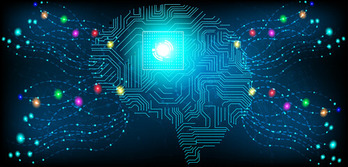 Abstract human head with a line brain network.circle and electricity with blue electronic cycle.Digital data,ai,ascience.Vector Technology background and Artificial intelligence concept.