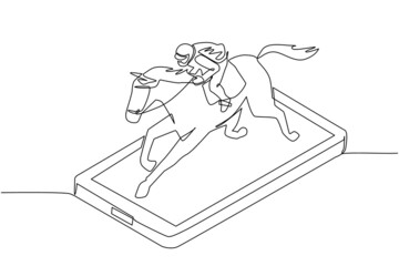 Continuous one line drawing young man riding horse on smartphone screen. Racing horse with jockey. Equestrian sport. Jockey riding jumping horse. Single line draw design vector graphic illustration