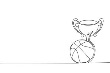 Single one line drawing trophy and basketball ball. Champion cup icon with basketball. Championship trophy. Sport tournament award, winner cup and victory concept. Continuous line draw design vector © Simple Line