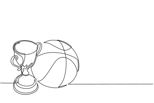 Single one line drawing trophy and basketball ball. Champion cup icon with basketball. Championship trophy. Sport tournament award, winner cup and victory concept. Continuous line draw design vector