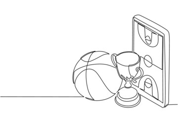 Single continuous line drawing basketball court on screen smartphone with basketball cup and basketball ball. Mobile sport stream championship to play. One line draw graphic design vector illustration