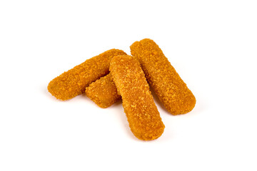 Deep fried fish fingers, isolated on white background.