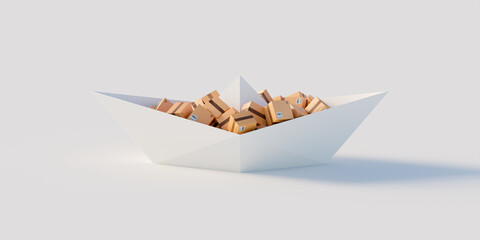 Conceptual paper ship loaded with many cartons; logistics industry and transportation concepts, original 3d rendering