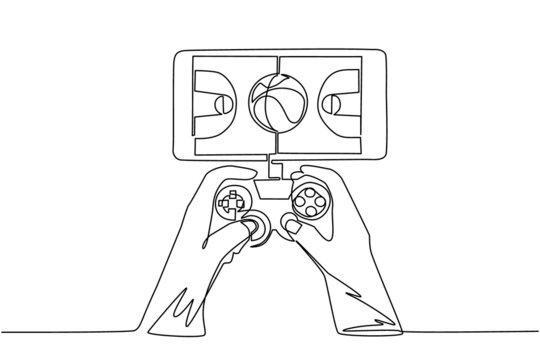 Single one line drawing smartphone connected with gamepad and playing basketball games. Mobile basketball. Mobile e-sports play match. Modern continuous line draw design graphic vector illustration
