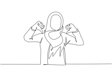 Single one line drawing unhappy Arab woman showing thumbs down sign gesture. Dislike, disagree, disappointment, disapprove, no deal. Emotion, body language. Continuous line draw design graphic vector