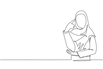 Single continuous line drawing Arabian woman touching her temples and remembering something. Female holding finger on head, feeling tired exhausted, chronic work stress. One line draw design vector