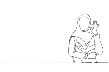 Single one line drawing Arabian woman in hijab gesturing ok sign. Okay sign, gesture language concept. Female standing showing ok sign with fingers. Continuous line draw design vector illustration