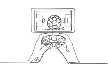 Single continuous line drawing smartphone connected with gamepad and playing football games. Online football games. Smartphone applications. Mobile football. One line draw design vector illustration © Simple Line