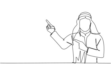 Single continuous line drawing Arab man pointing away hands together and showing or presenting something while standing and smiling. Emotion and body language. One line draw design vector illustration