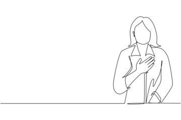 Single one line drawing young woman keeping hands on chest. Smiling friendly female expressing gratitude. Emotion, body language concept. Modern continuous line draw design graphic vector illustration