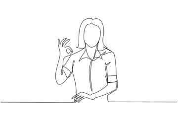 Single continuous line drawing woman in casual clothes gesturing ok sign. Okay sign, gesture language concept. Smiling female standing showing ok sign with fingers. One line draw graphic design vector
