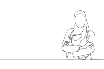 Single continuous line drawing young Arabian businesswoman standing with folded arms. Cute female in hijab with arms crossed standing isolated. Dynamic one line draw graphic design vector illustration