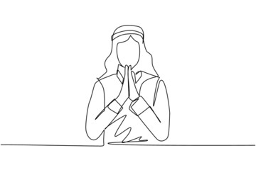 Single continuous line drawing Arabian businessman apologize, begging to client with hands together with hope expression on face very emotional and worried. One line draw design vector illustration