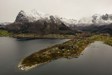 Aerial view. Neverdal is a village in Meløy municipality in Nordland and has about 800...
