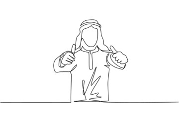 Single continuous line drawing confident Arab businessman thumbs up. Excited male dressed in traditional clothes showing thumbs up sign. Deal, like, agree, approve, accept. One line draw design vector