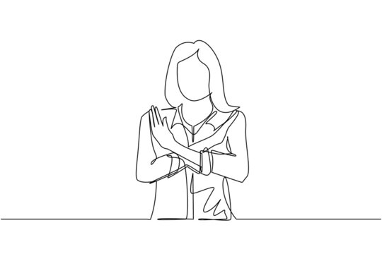Single continuous line drawing young woman crossing arms and saying no gesture. Person making X shape, stop sign with hands and negative expression. One line draw graphic design vector illustration