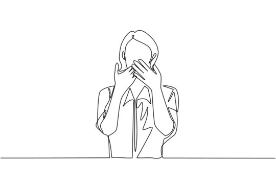 Single one line drawing young woman covering mouth with hands. Female mouth with hand shocked with shame for mistake, expression of fear, scared in silence, secret. Continuous line draw design vector