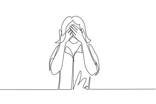 Single continuous line drawing young woman closes his eyes with her hands because of disgust and reluctance to see something, fear or sadness isolated. One line draw graphic design vector illustration
