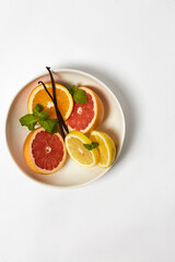 Top view of oranges on a white background